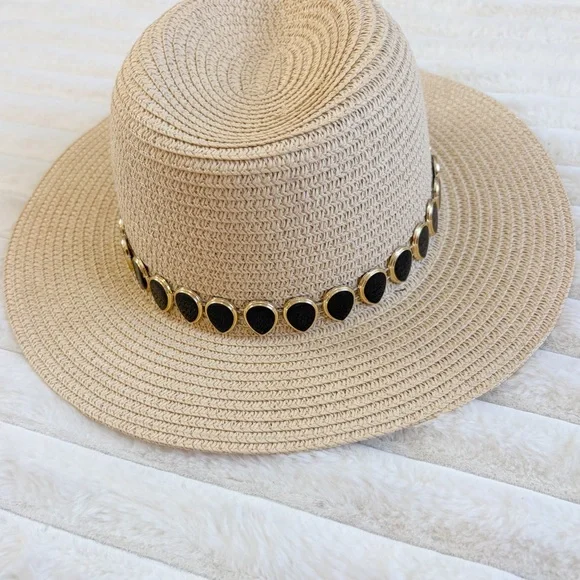 Wide Brim Straw Sun Hat with Shell Trim - Natural - Picture 3 of 3